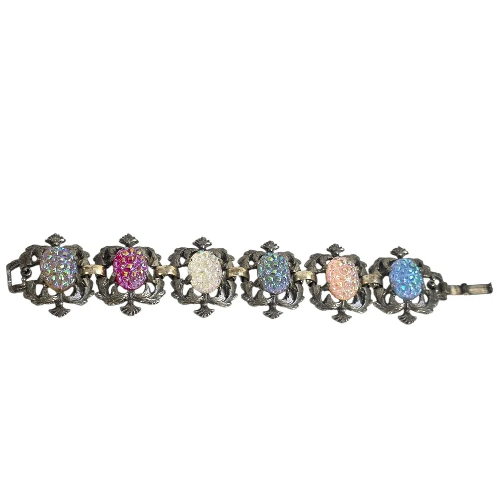 Vintage Aurora Borealis Druzy Link Bracelet Antique Silver Filigree 58.42g 6.5in